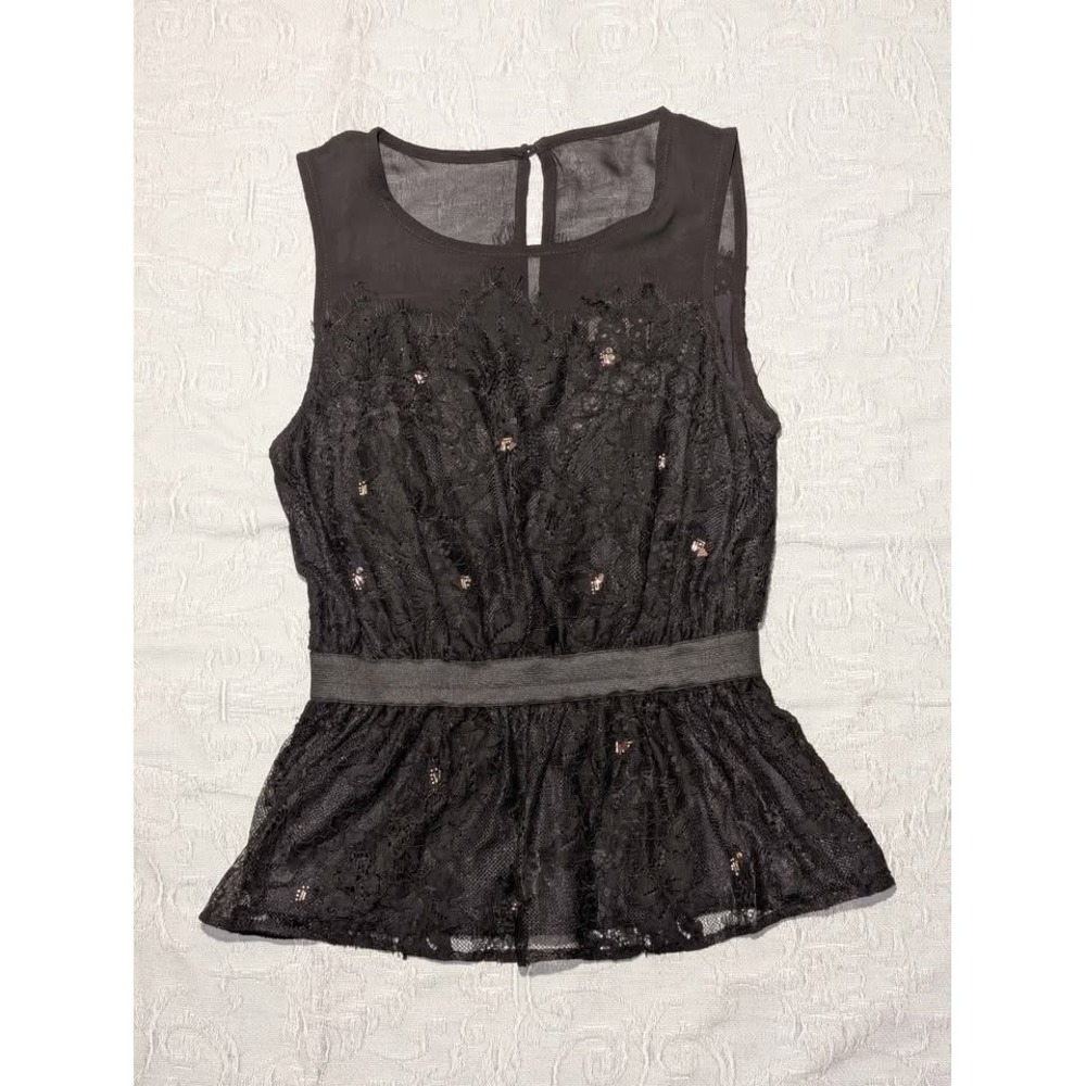 Meadow Rue Anthropologie Black Lace Peplum Top XS Sheer Beaded Sleeveless‎